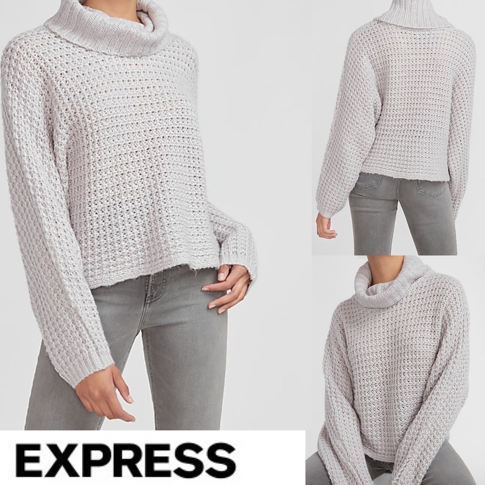Express Sweater Gray Oversized Crop Chunky Open Stitch Cowl Turtleneck Size M